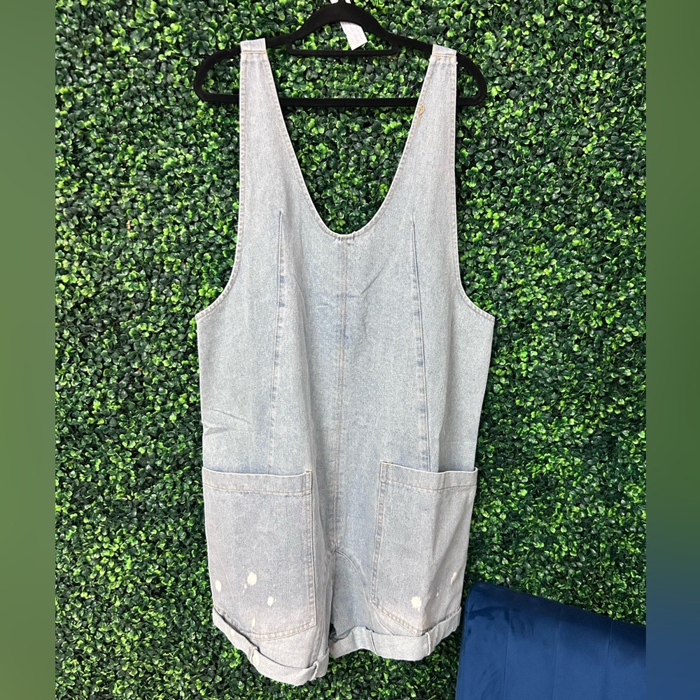 Denim bleached overall romper shorts